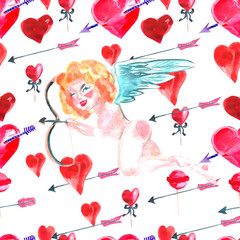 Watercolor seamless pattern. Hand painted Valentine's Day background with beautiful cupid and red hearts.
