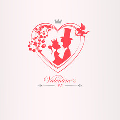Illustration with silhouette of heart with cupid, boy and girl with crown,