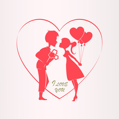 Illustration with a silhouette of a heart, a boy with flowers and a girl with balloons.