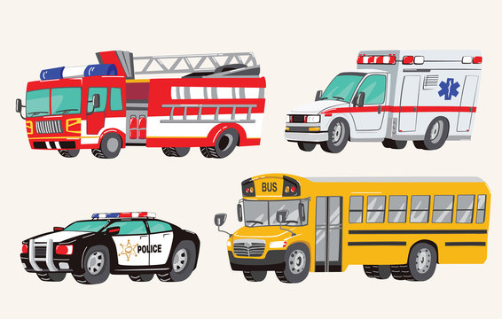 Set of Toy social Vehicles. Special Machines, police car, fire truck, ambulance, school bus, city bus. Toy Cars. Vector Illustration.