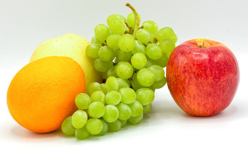 Naklejka na ściany i meble Fresh fruits,apple,Green grapes,Orange,Pyrus pyrifolia,Composition with assorted fruits on white background