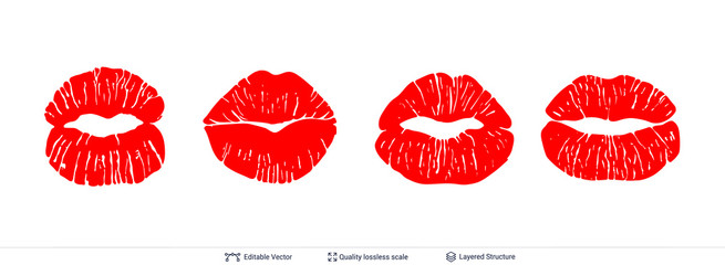 Set of red lips prints isolated on white.