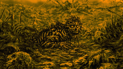 Dead man looks at camera. Zombie wakes up.