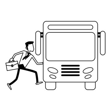 businessman with briefcase taking bus black and white