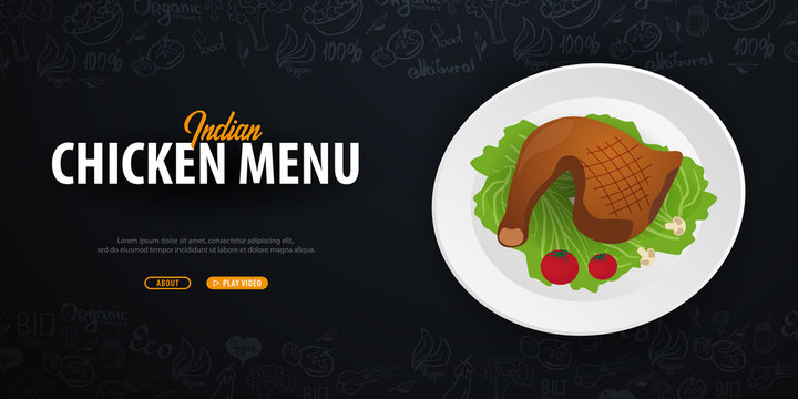 Indian Chicken Menu. Chicken Dish. Banner with hand-draw doodle elements on the background. Vector illustration
