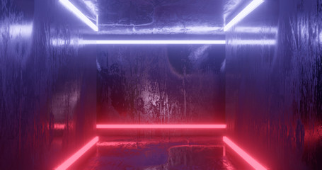3d rendering. Underground tunnel or corridor lit with bright neon lamps. Futuristic background. Dark dungeon.