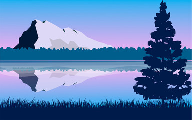 Panoramic lanscape. Vector illustration of nature. View with tree, grass, mountain, forest, hills, pine.