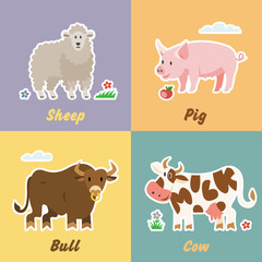 Set of cartoon funny farm animals with sheep, pig, bull, cow. Collection of happy farming pet stickers.
