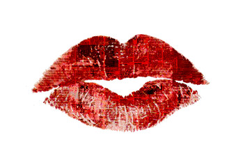 Beautiful red pink lips kiss. Woman's lipstick trace with newspaper texture