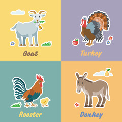Cartoon set funny farm animals with goat, turkey, rooster and donkey. Happy farming pet stickers collection.