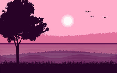 Panoramic lanscape. Vector illustration of nature. View with tree, grass, river, hills, forest, lake, reflection, fog, sun, sunrise, sunset.