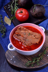Borscht with beef. Traditional soup of Ukrainian and Russian cuisines