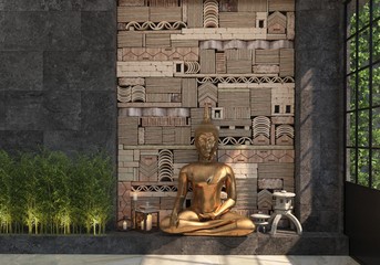 Home decor with a gold statue of Buddha against a black wall with an ethnic pattern of stones. The composition of a set of decorative items.  Interior design in the loft style.  3D render.