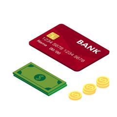 Credit card , money and coins. 3d isometric flat design. Vector.