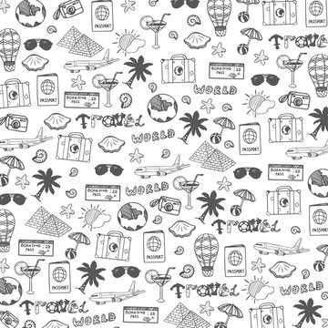 Travel hand-draw doodle backround. Tourism and summer sketch with travelling elements. Vector illustration
