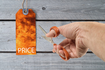Price reduction concept with hand holding a pair of scissors cutting price tag