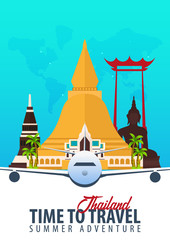 Thailand. Time to Travel. Banner with airplane. Vector illustration