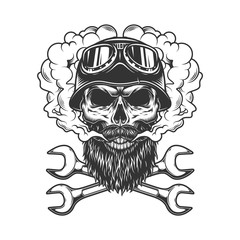 Skull wearing biker helmet and goggles