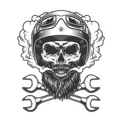 Motorcyclist skull wearing helmet and goggles