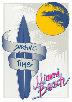 calligraphy inscription "Miami beach". silhouette of a palm tree against the evening sun. surfboard entwined ribbon with the inscription "surfing time"
