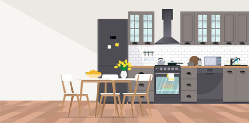 Vector banner with kitchen interior in flat style.