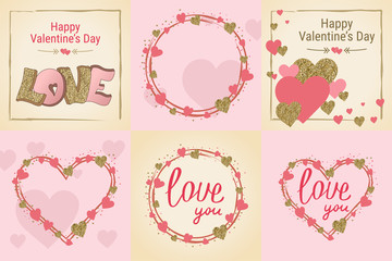 Happy Valentine's Day greeting card set. Love. Gold and pink colors. Poster. Hand drawn heart. Design for wedding. February 14 banner