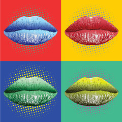 Colorful Lips with Pop Art Style. Close Mouth Vector Illustration. Colorful Background