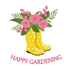 Yellow rubber boots with spring bouquet and text "happy gardening". Floral greeting card.