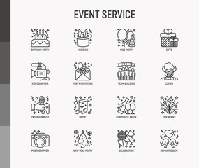 Event services thin line icons set: kids party, gifts, birthday, magician, clown, videographer, party invitation, corporate, fireworks, music, celebration, romatic date. Modern vector illustration.