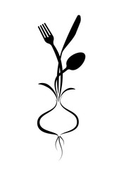 Logo for a cafe, restaurant or menu. Stylized image of a fork, knife and spoon growing from a bulb.