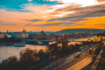 Sunset view of the Vitava River and Prague