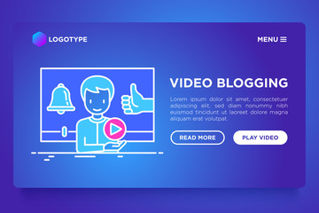 Video blogging concept with thin line icons: blogger in vlog with thumbs up and bell. Modern vector illustration, web page template on gradient background.