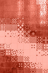 Living Coral color of the Year 2019. Ceramic tiles azulejo patterns from Portugal with coral in trendy color
