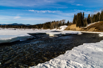 Open waters of the Elbow river flow through Allen Bull Provincial Recreation Area, Alberta, Canada