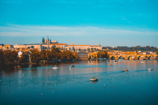 Boats on the Vitava River in Prague