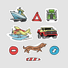 Vector illustration of cartoon handmade tech stickers. Set of isolated transport objects. Transportation symbol collection with boat, truck, sea plane.