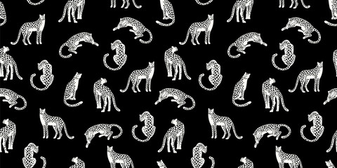 Seamless exotic pattern with abstract silhouettes of leopards.