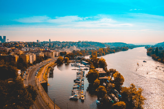 City of Prague at sunrise with the River Vitava
