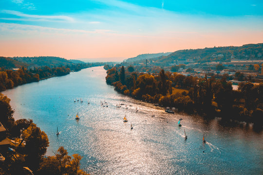 Dusk on the River Vitava with colorful sunset sky