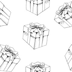 Seamless vector gift boxes pattern, background from gift boxes sketches, sketch boxes with bow, seamless sketch pattern, linear sketch pattern for your design