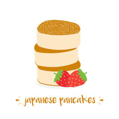 Cute vector cartoon illustration of fluffy japanese pancakes with powdered sugar and fresh strawberry.
