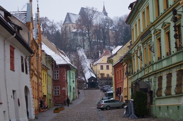 Fototapeta na wymiar Medieval street, Sighisoara,Transylvania, Romania, Europe