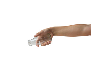 Cropped of woman hand holding clear bottle without label isolated on white background.