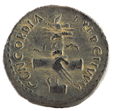 Ancient Roman silver denarius coin of Emperor Nerva. Reverse.