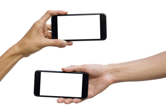 Man hand holding black horizontal smartphone with white screen for mock up design.