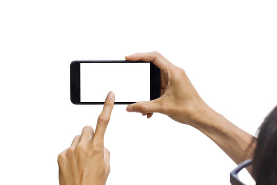 Man hand holding black horizontal smartphone with white screen for mock up design.