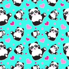 Seamless pattern with cute panda bear and hearts. Funny children's background, print, gift wrap.