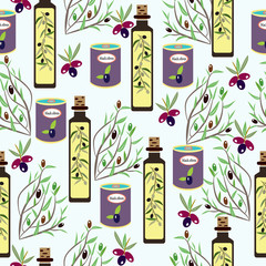  olives, olive oil, cans jars, olive tree branches elements vector background