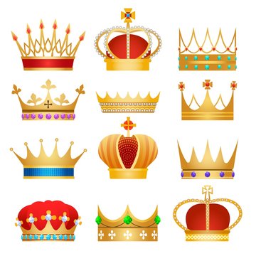 Gold king crowns. Golden royal crown set vector illustration, coronation jewels for noble monarch isolated on white background