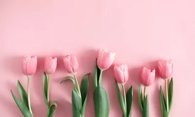 Gordijnen Flowers composition romantic. Flowers pink tulips on pastel pink background. Wedding. Birthday. Happy woman's day. Mothers Day. Valentine's Day. Flat lay, top view, copy space  © prime1001
